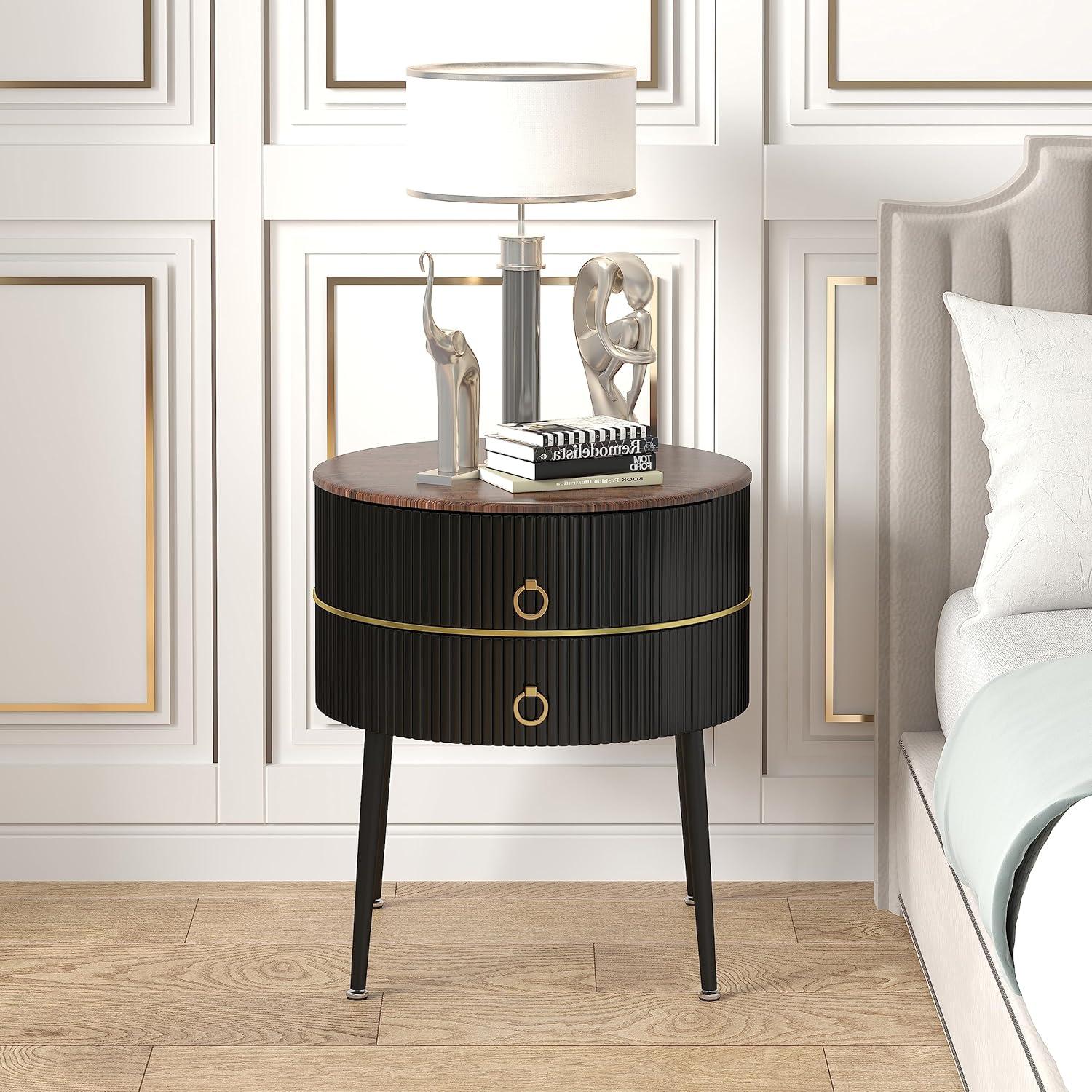 Drevy Black Round Side Table for Living Room, Modern End Table with 2 Drawers, Metal Legs Nightstand for Bedroom, Black & Brown