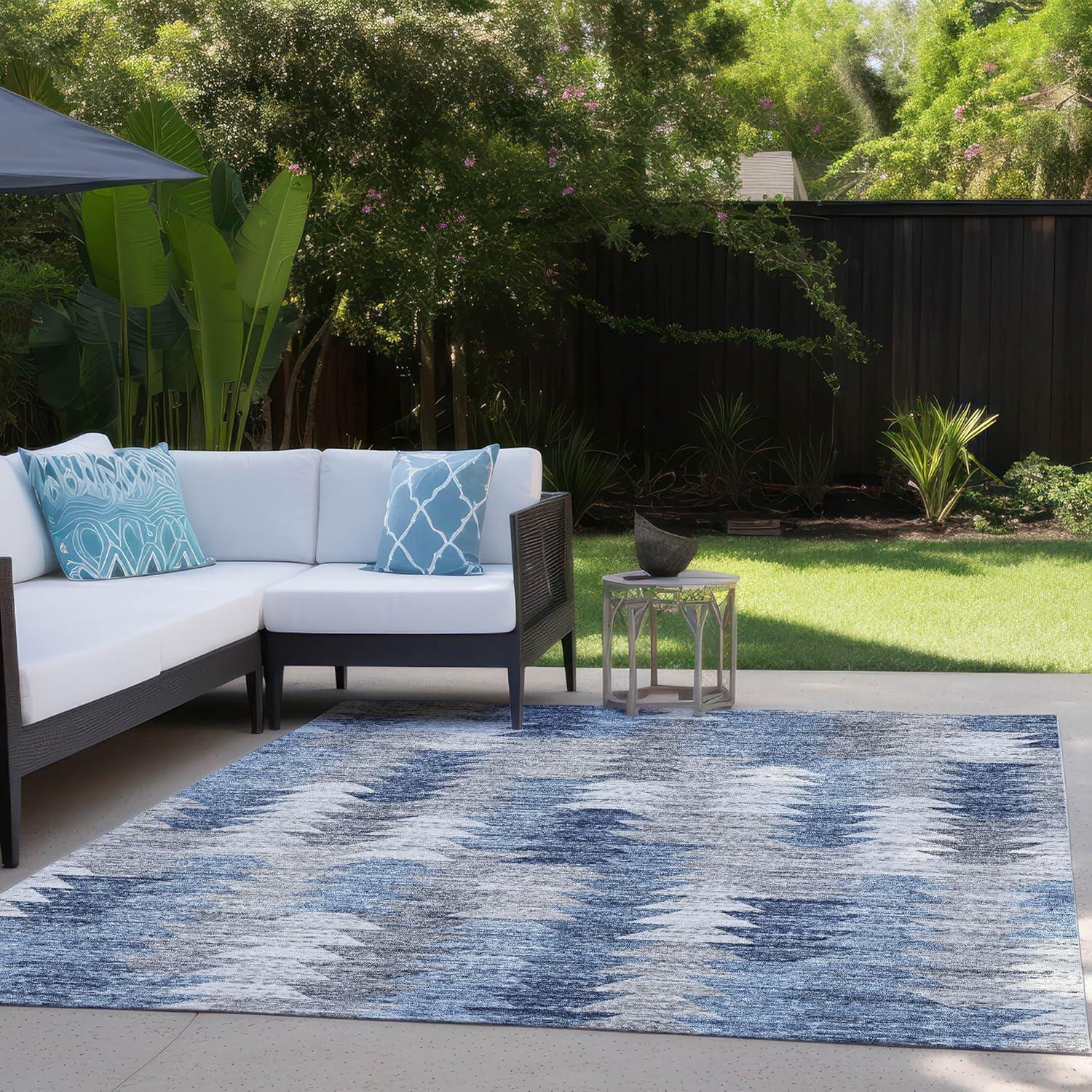 Blue and Gray Geometric Pattern Washable Rug