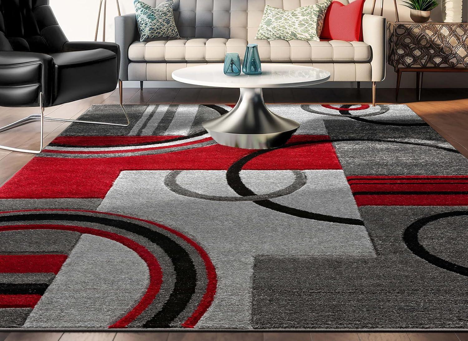 Well Woven Ruby Galaxy Waves Modern Geometric Grey & Red 6'7" x 9'3" Area Rug