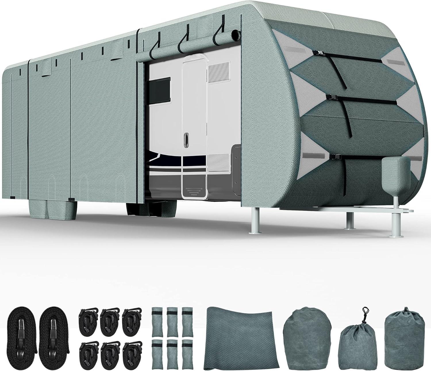 Travel Tailer RV Cover Camper Cover 27-30ft Super Thick Waterproof Windproof Anti-UV Rip-Stop Motorhome Covers with 2 Long Straps 4 Tire Covers Tongue Jack Cover