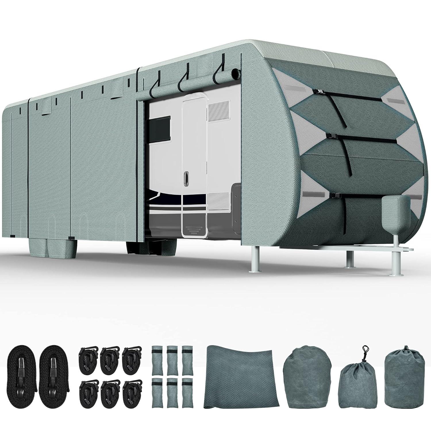 Travel Tailer RV Cover Camper Cover 27-30ft Super Thick Waterproof Windproof Anti-UV Rip-Stop Motorhome Covers with 2 Long Straps 4 Tire Covers Tongue Jack Cover