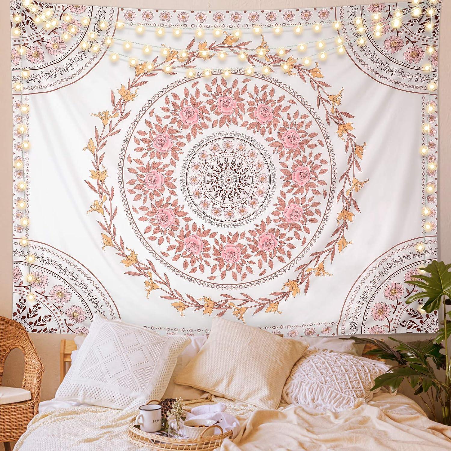 Boho Pink Floral Mandala Polyester Wall Tapestry