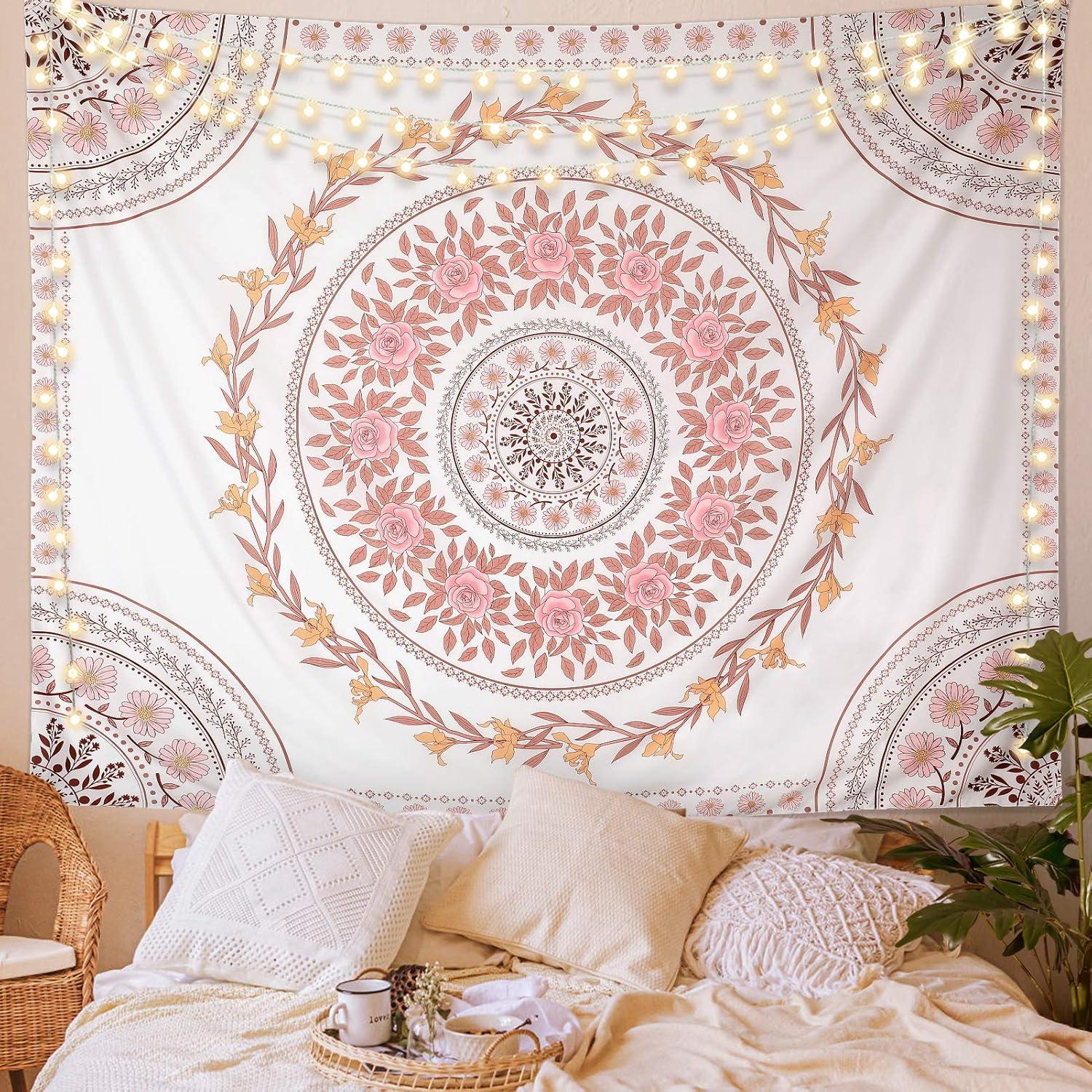 Mandala Tapestry Aesthetic,Boho Tapestry Wall Hanging,Pink Floral Medallion Tapestries,Bohemian Wall Art Hippie Decor for Bedroom Living Room Dorm 51"x59"