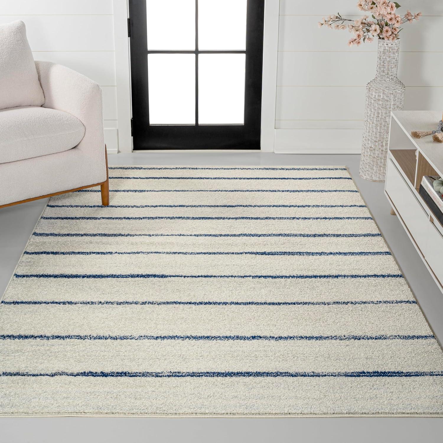 Cream and Navy Stripe Synthetic 4' x 6' Area Rug