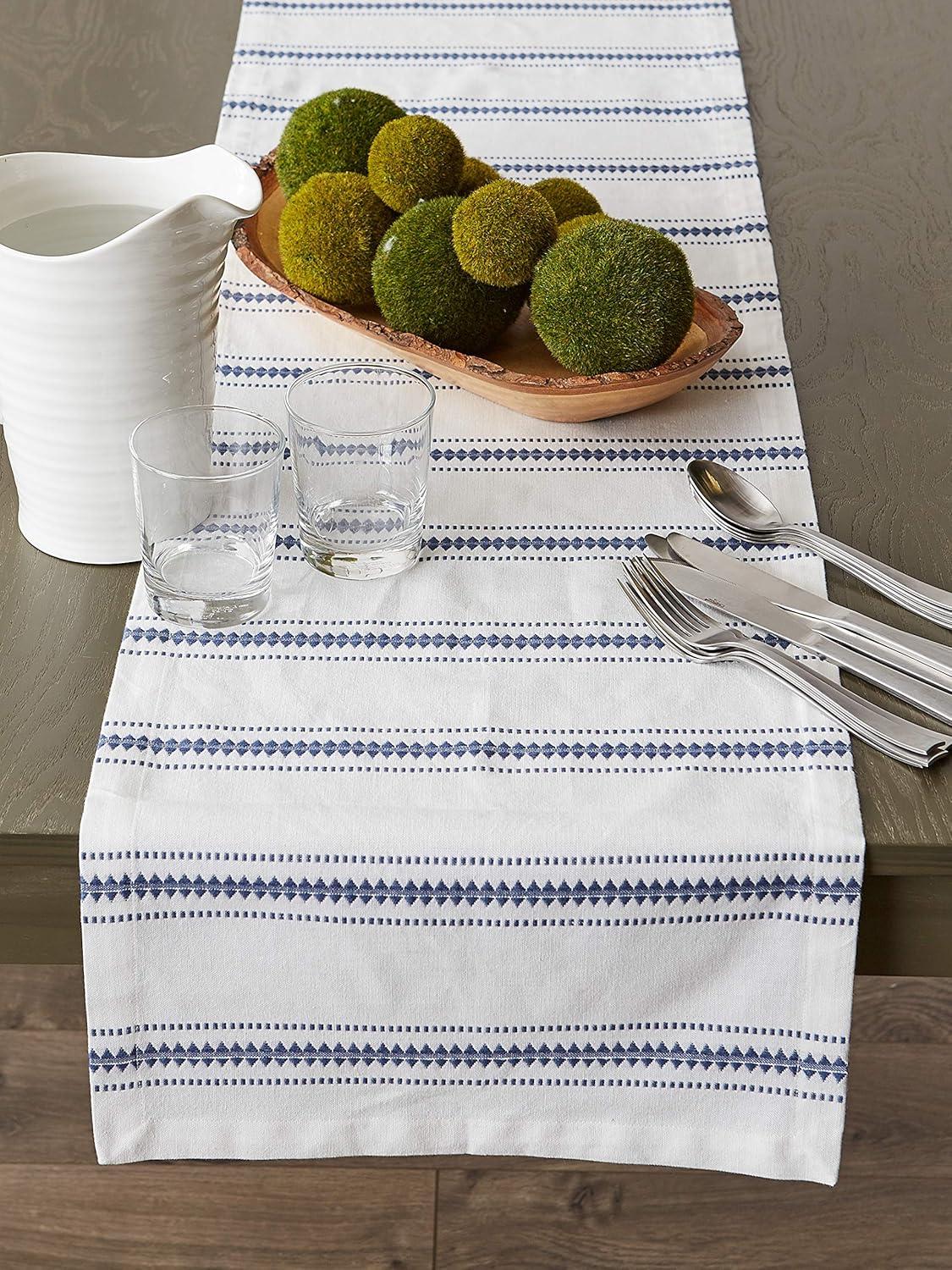 White and French Blue Cotton Striped Table Runner, 14x108