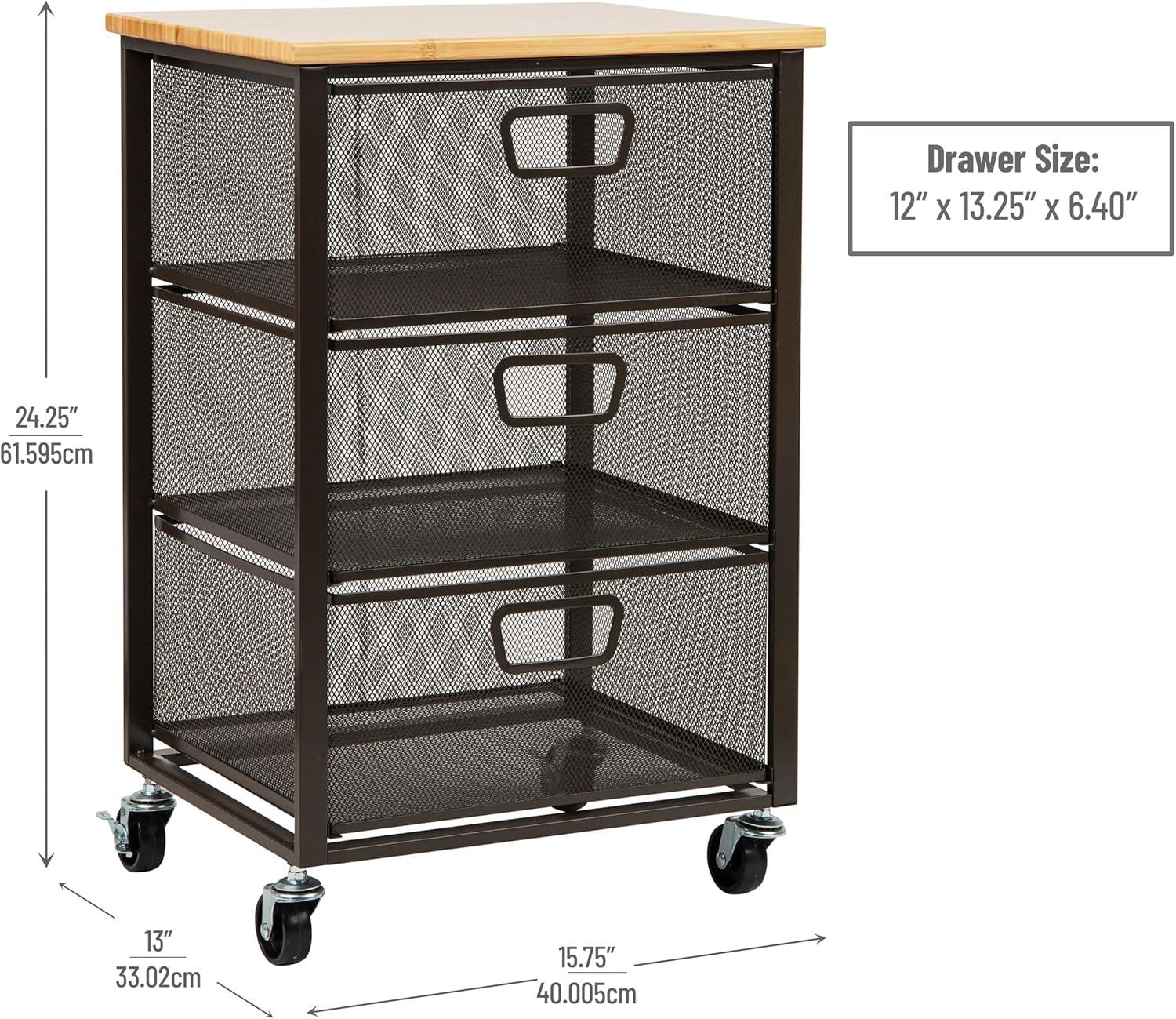 Mind Reader Cart with Drawers, Laundry Organizer, Storage, Bathroom, Kitchen, Metal Mesh, 15.75"L x 13"W x 24.25"H, Black