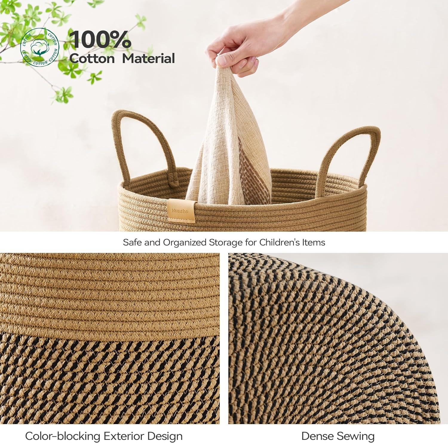 95L Beige and Dark Brown Woven Nursery Laundry Hamper