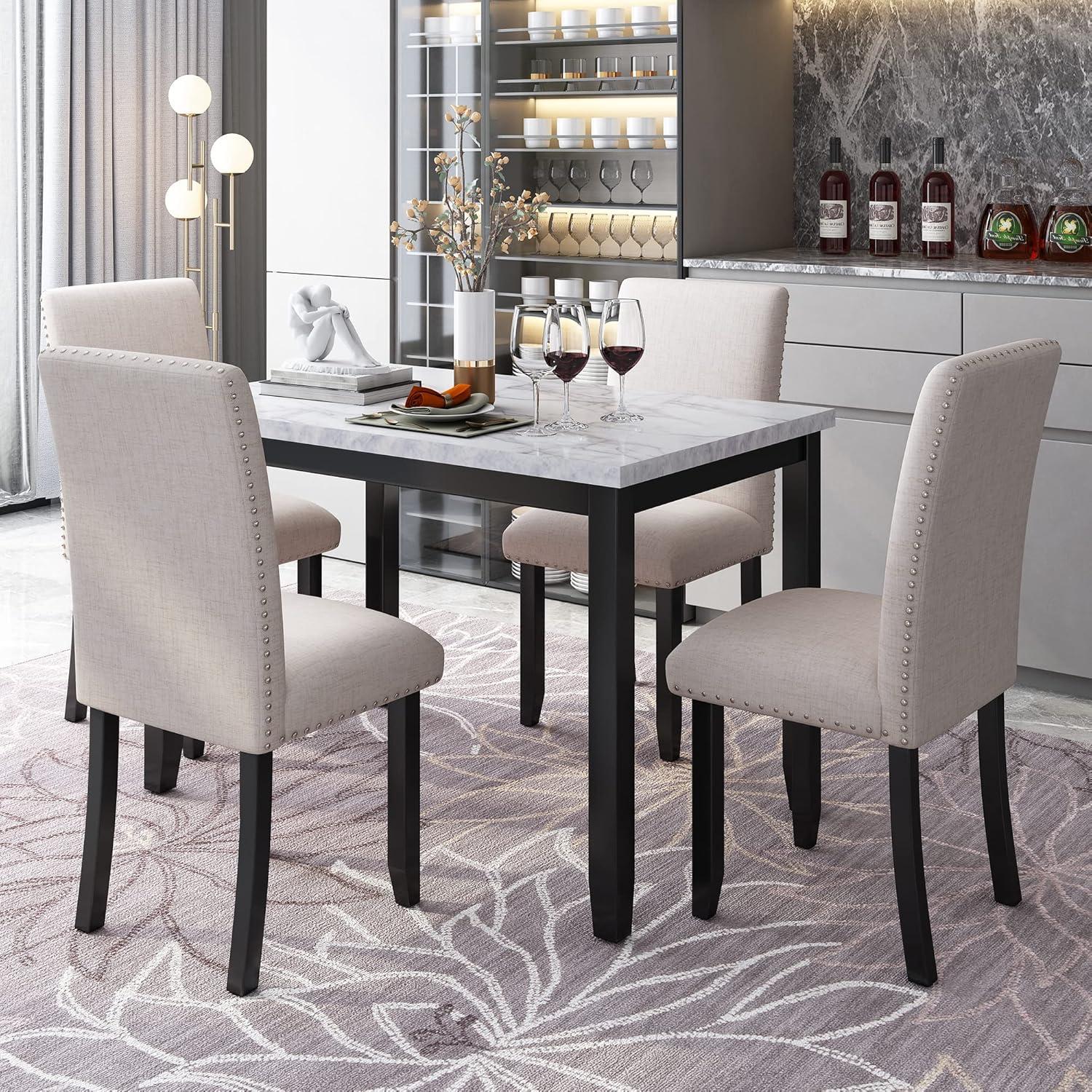 Rectangular Faux Marble Dining Set with Beige Cushioned Chairs