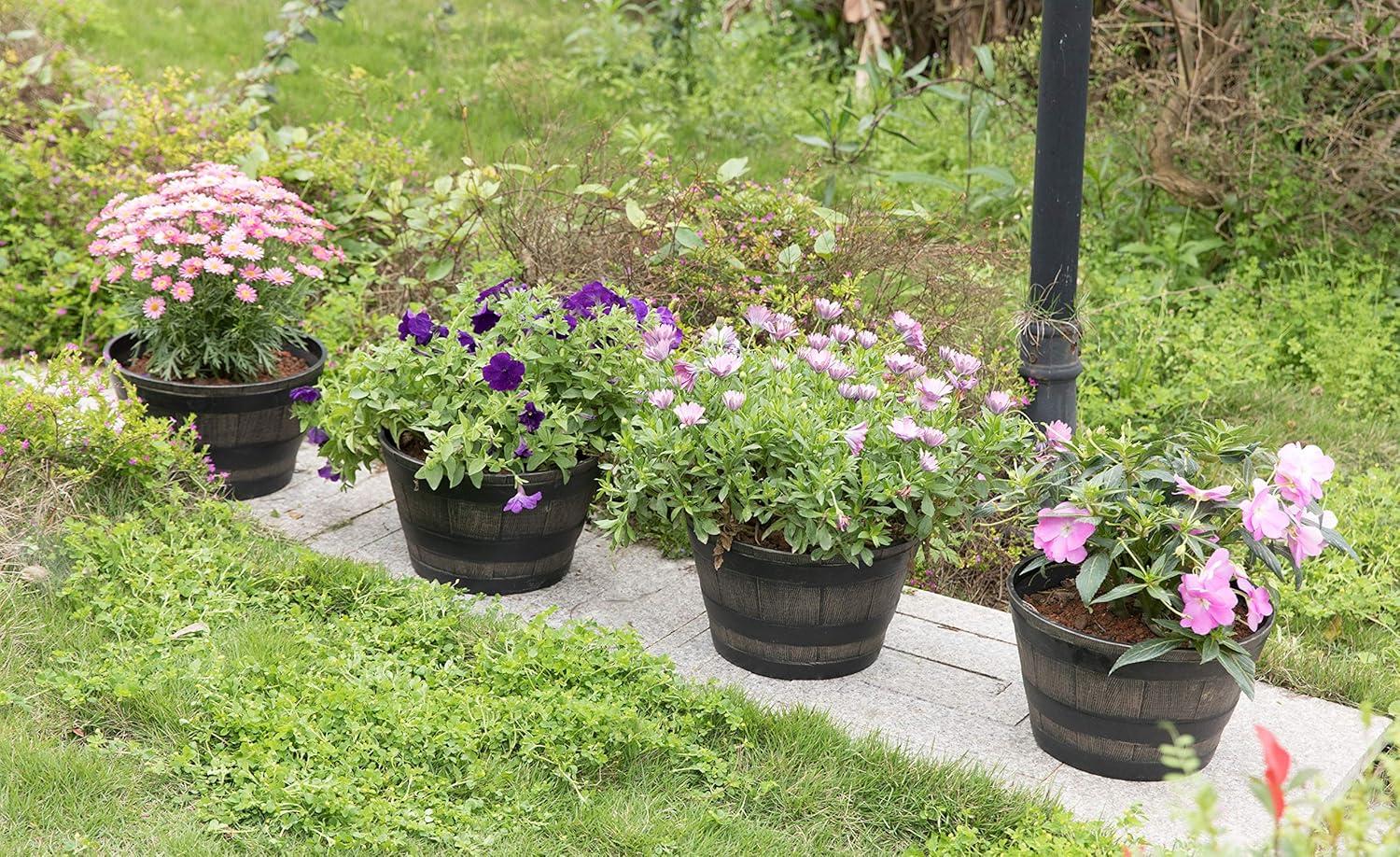 ardenised 4-Piece Round Half Barrel Flower Pots Rustic Farmhouse Style Faux Wood Planter Containers for Indoor & Outdoor Use