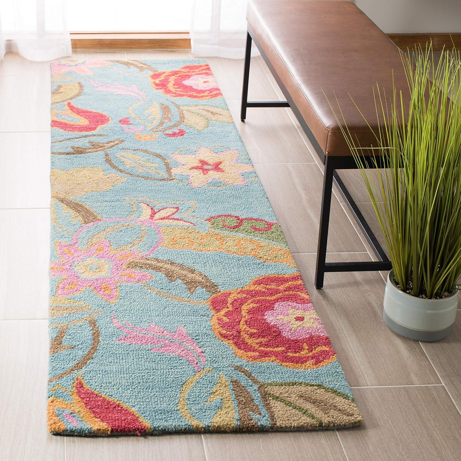 Hand-Knotted Blossom Blue Floral Wool Runner Rug, 2'6" x 12'