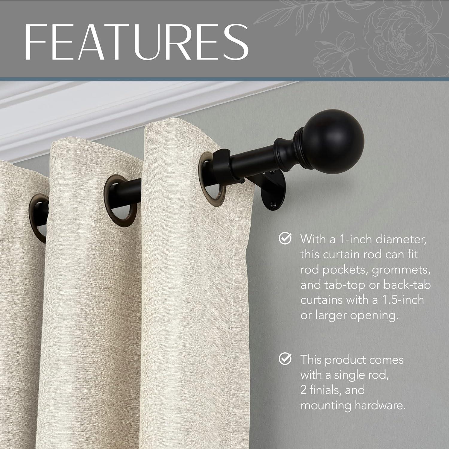 Cordelia 1" Window Drapery Single Curtain Rod with Globe Ball Finial - 28"-48" - Black - Elrene Home Fashions