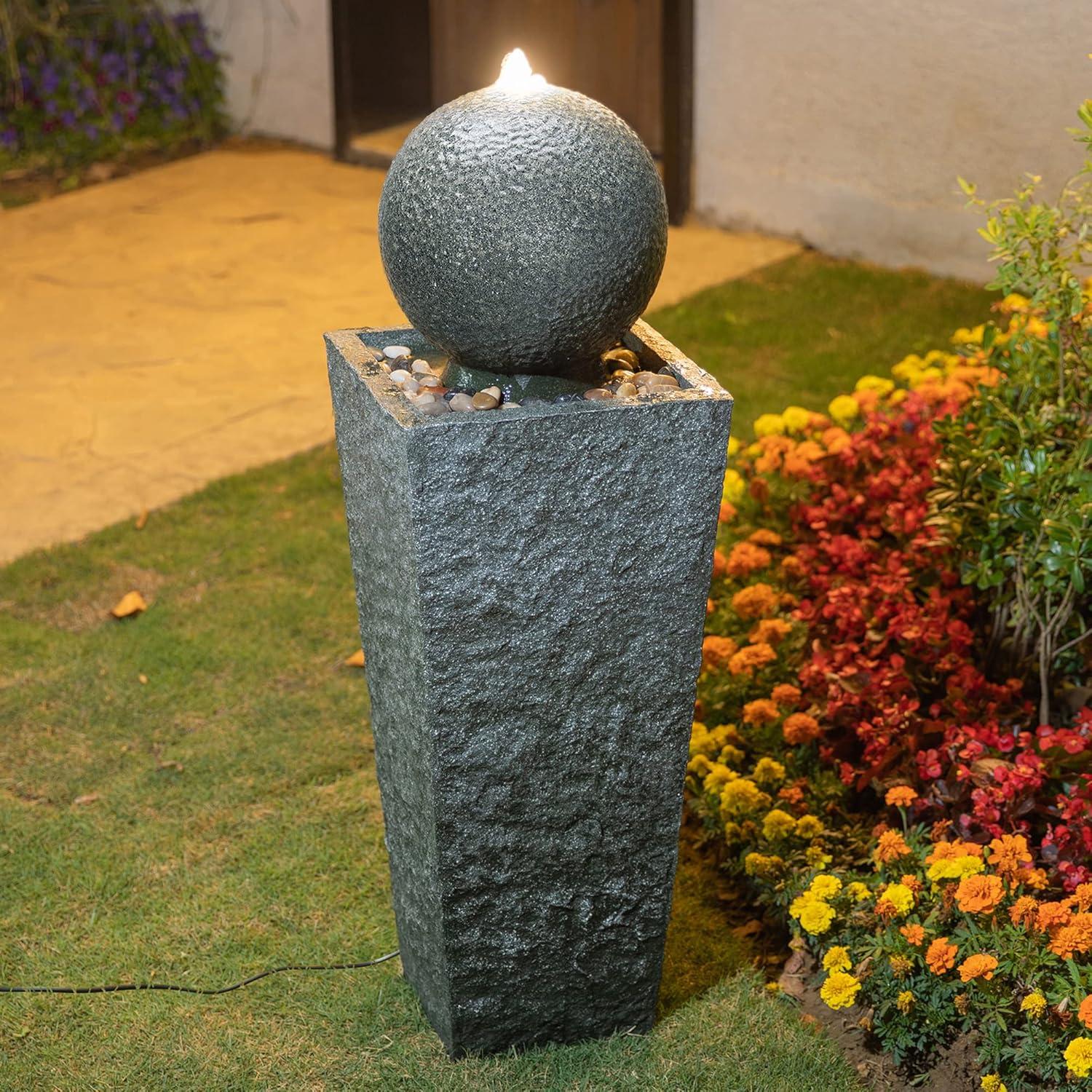 Modern Gray Polyresin Pedestal Fountain with LED Light