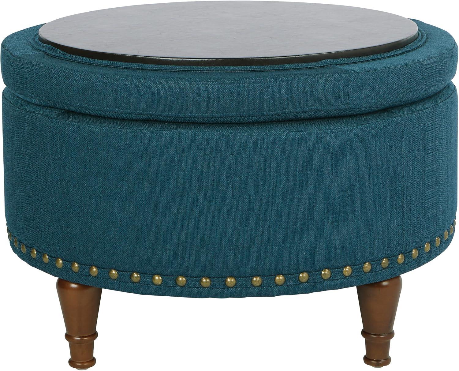 OSP Home Furnishings Alloway Storage Ottoman in Azure Fabric with Antique Bronze Nailheads