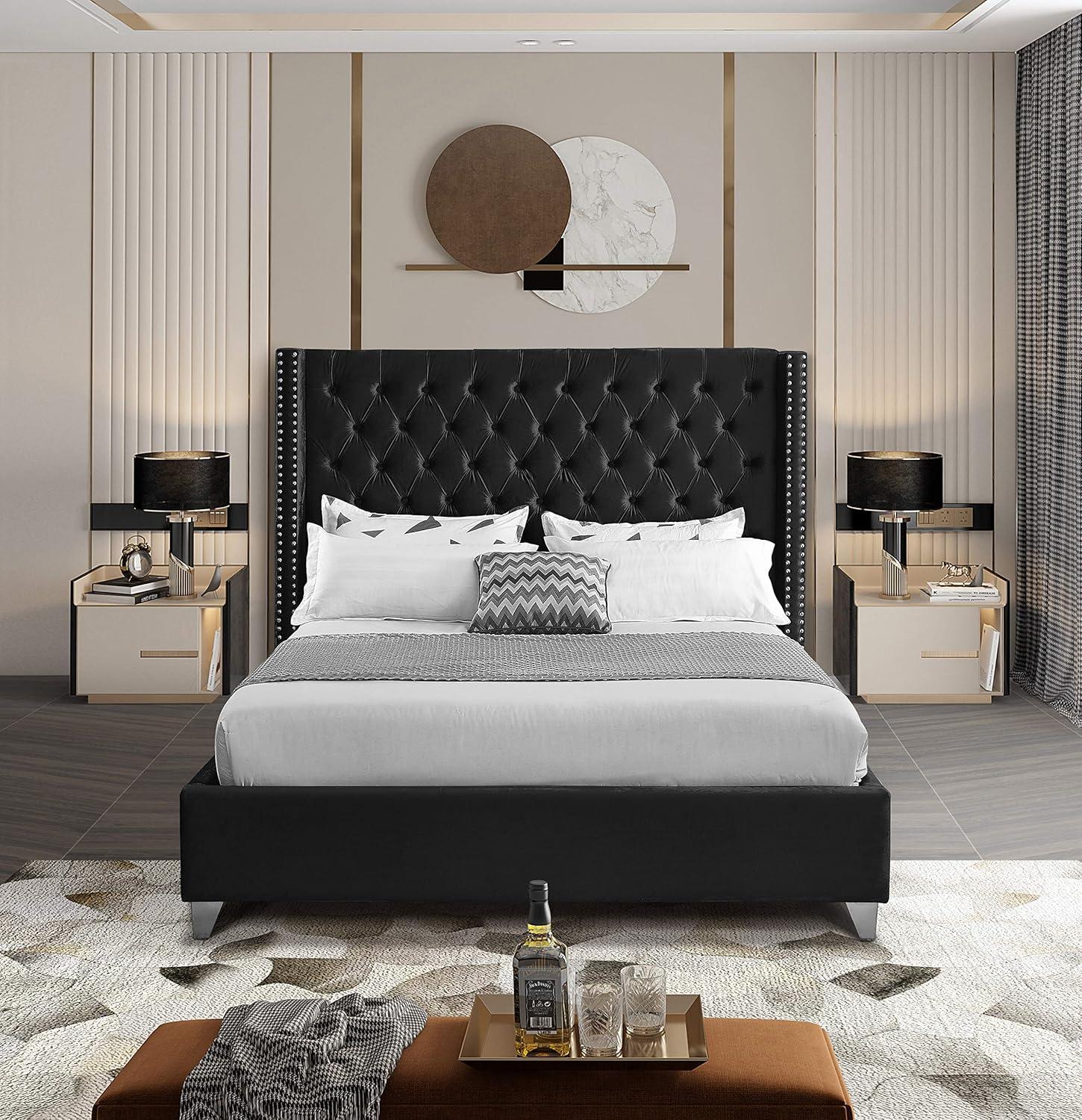 Aiden Black Velvet Queen Bed-Color:Black Velvet,Style:Contemporary