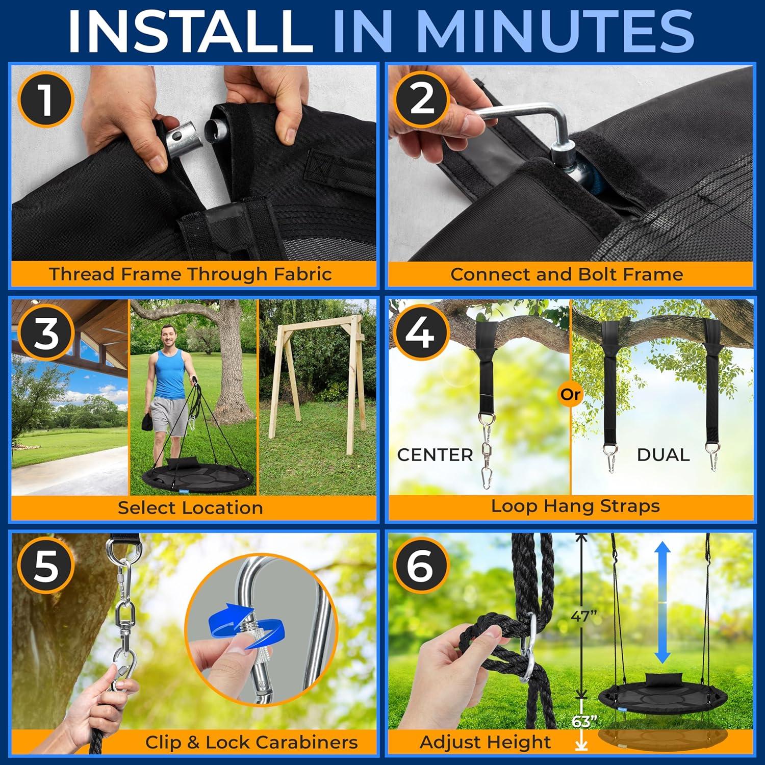 SereneLife 40" Saucer Swing with Handles, Pillow, Hanging Kit, and Carry Bag - Indoor/Outdoor Use - Black