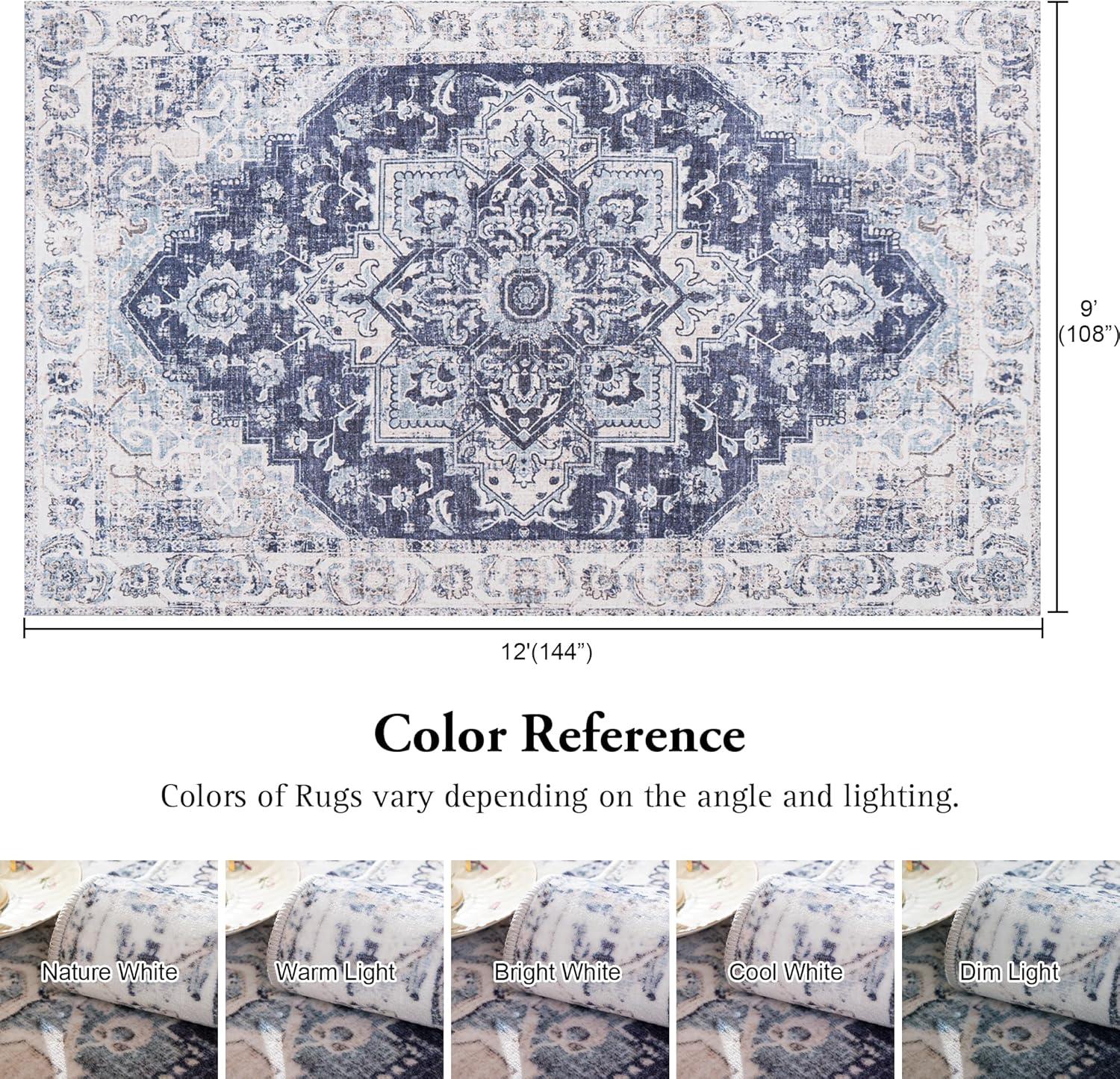 Washable Area Rug 5x7, Blue Rug for Living Room, Non Slip Low Pile Carpet for Bedroom, Dinning Room (Vintage Blue, 5'x7')