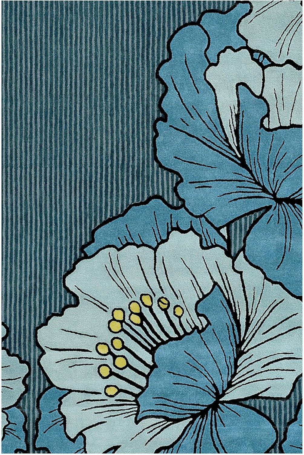 NICOLE MILLER NEW YORK Flora Grandeur Bloom Handcrafted Area Rug, Natural Wool Rug, Bold Floral Rug, Blue, 6'x9'