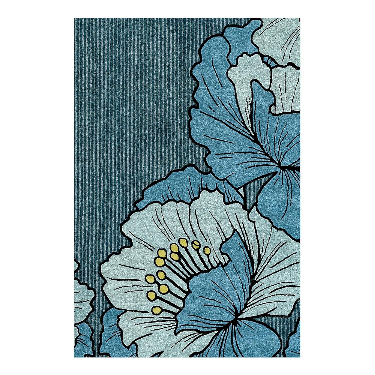 NICOLE MILLER NEW YORK Flora Grandeur Bloom Handcrafted Area Rug, Natural Wool Rug, Bold Floral Rug, Blue, 6'x9'
