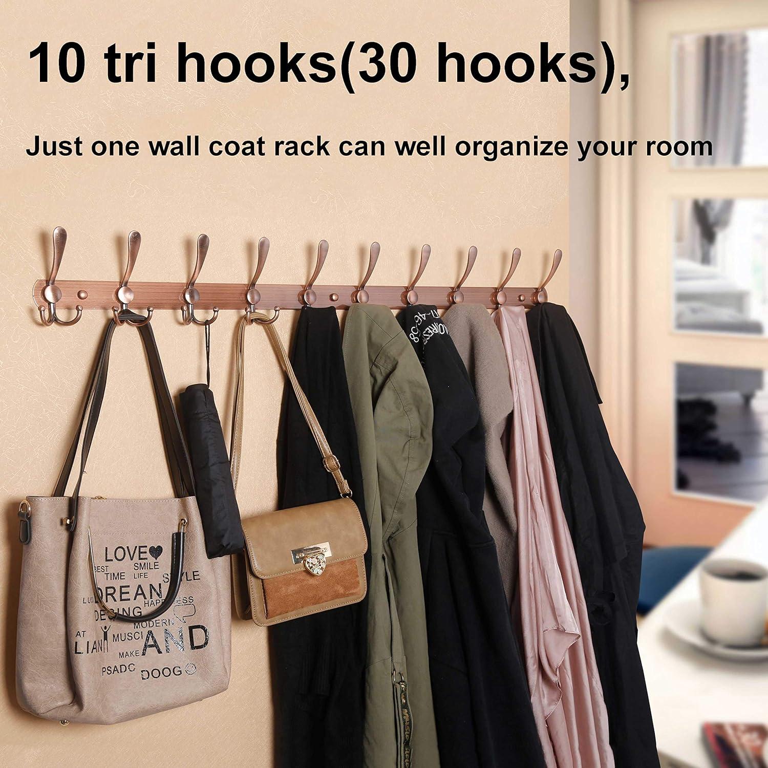 WEBI Coat Rack Wall Mount,37 5/8" Long Coat Hanger Wall,Coat Hooks Wall Mounted,Triple Hook Rack,10 Hooks for Hanging Coats,Clothes,Jacket,Hats,Black,2 Packs