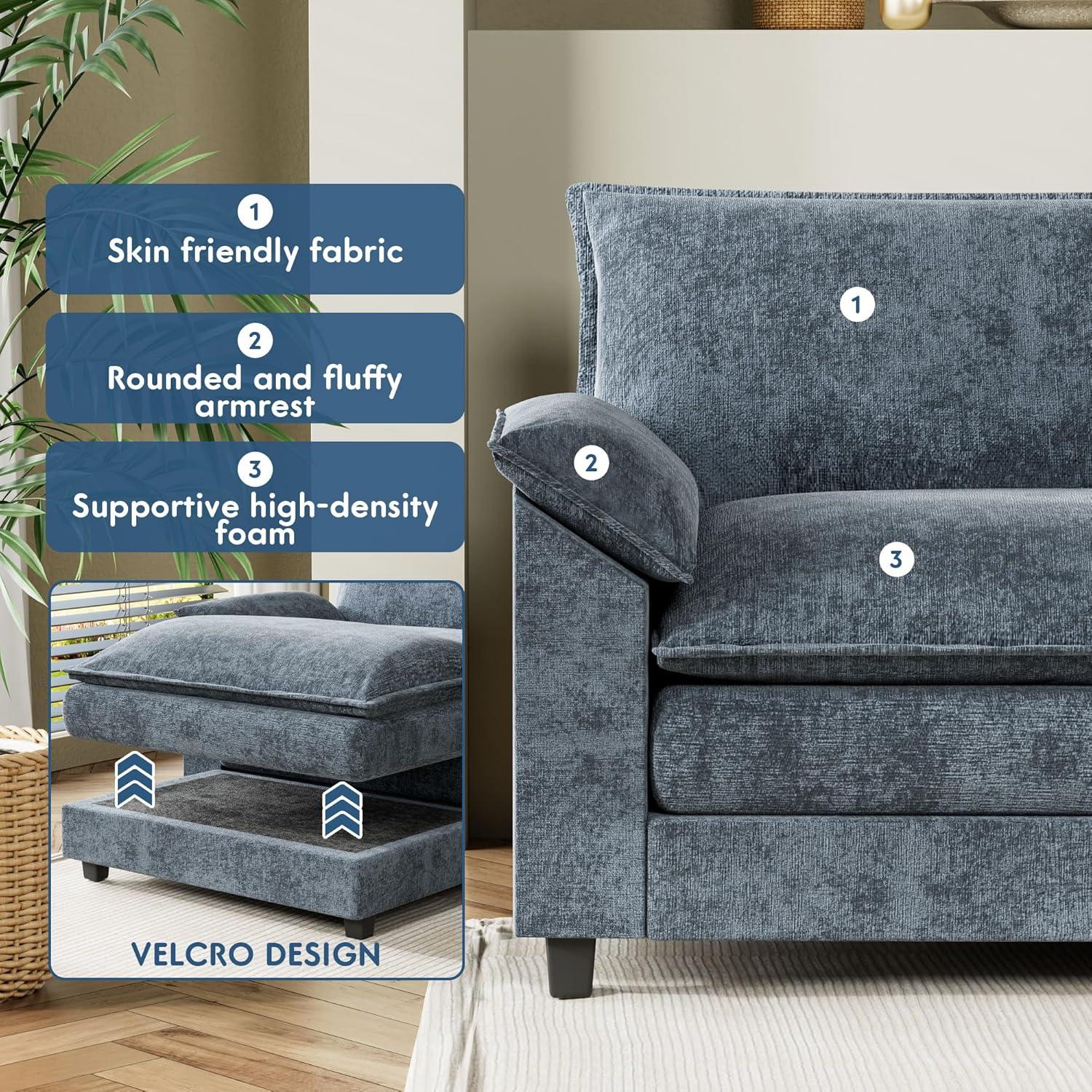 Blue Chenille Fabric L-Shaped Sectional Sofa with Ottoman