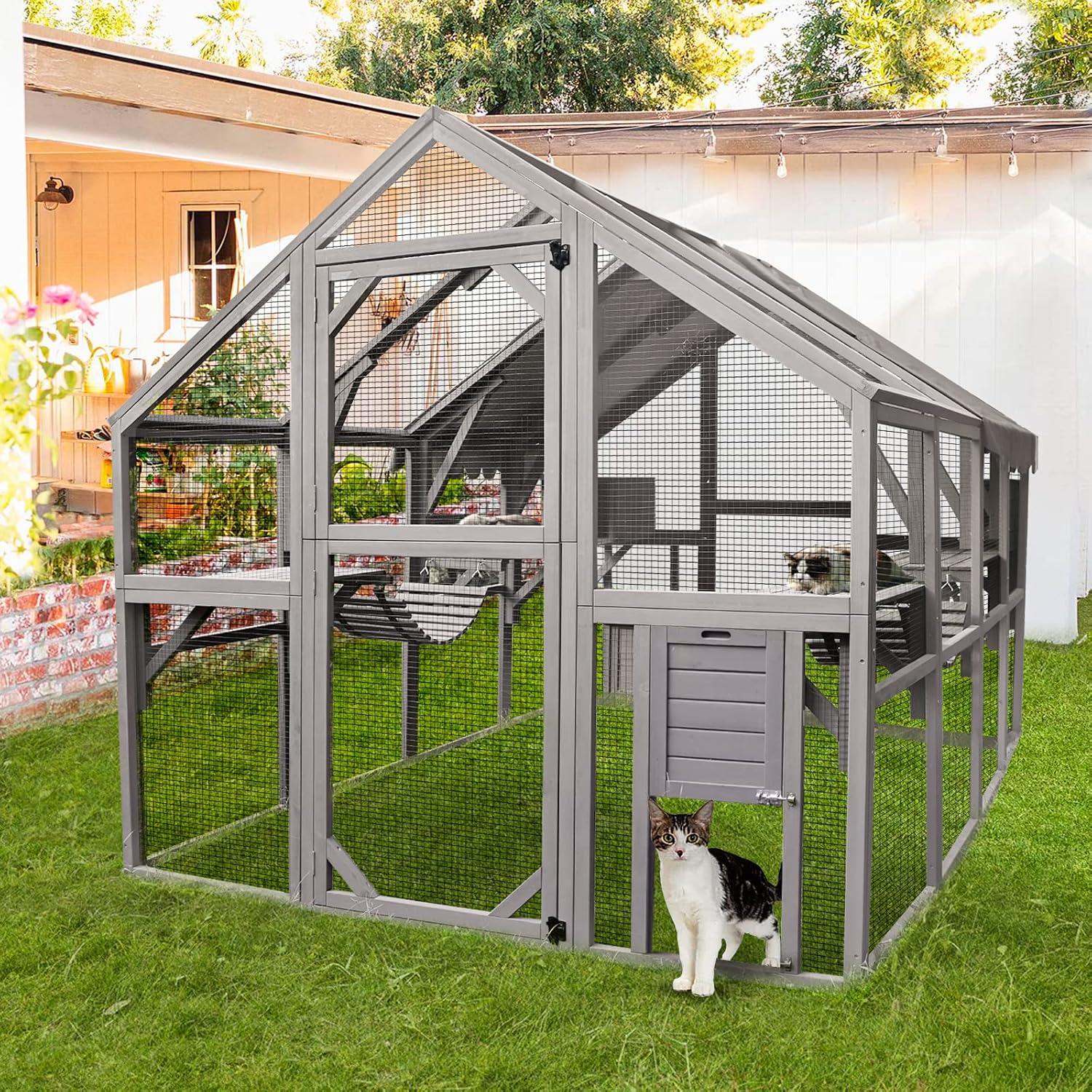 Aivituvin 110'' Extra Large Cat House Outdoor Walk-in Cat Enclosure Wooden Catio Cage with Bridges, Platforms, Rest Rooms, Roof Cover