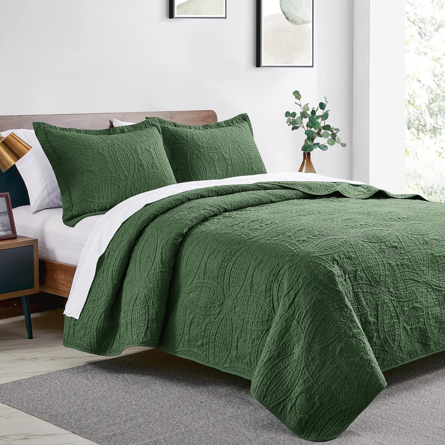 Olive Green Twin Microfiber Quilt Set with Coin Pattern