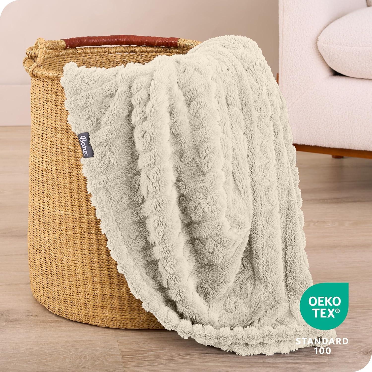 Oyster - Cable Twin/Twin XL Cozy Faux Shearling Bed Blanket by Bare Home