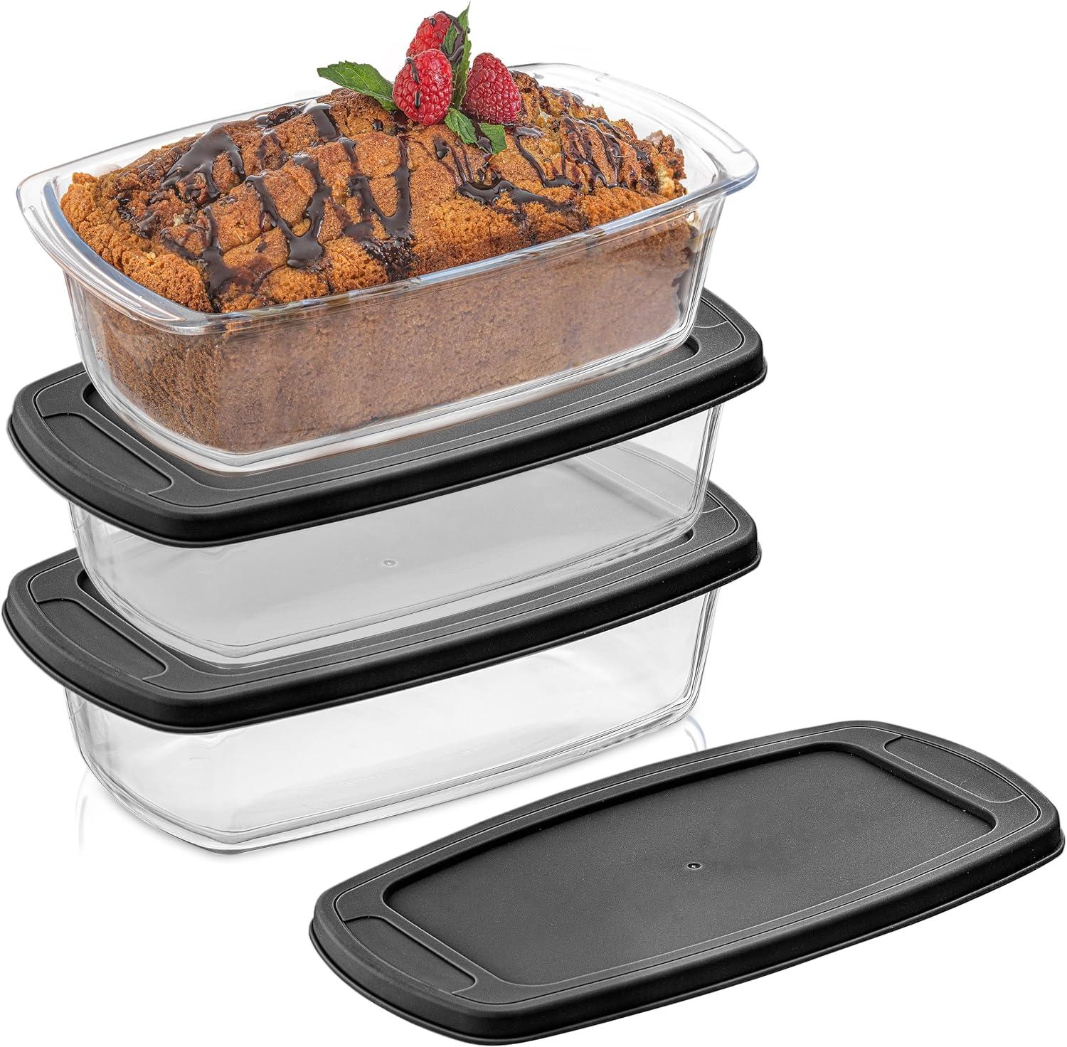 JoyJolt Glass Bakeware Containers for Loaf,  Bread, Cakes Pans Baking Containers with Lids - Set of 3 - Black