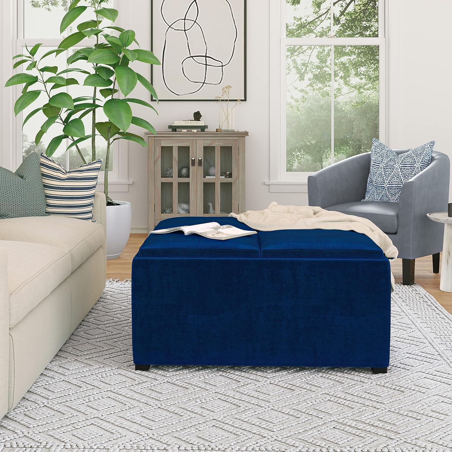 Avalon 35" Blue Velvet Square Coffee Table Storage Ottoman