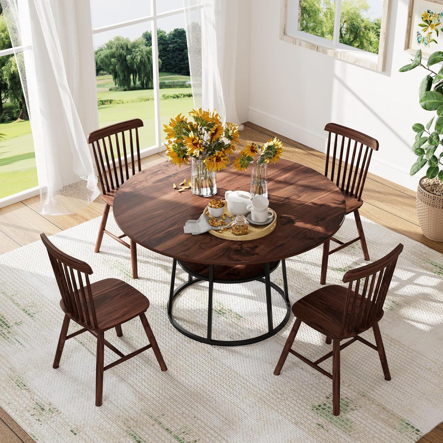 Walnut Wood Windsor Spindle Back Dining Chairs Set of 4