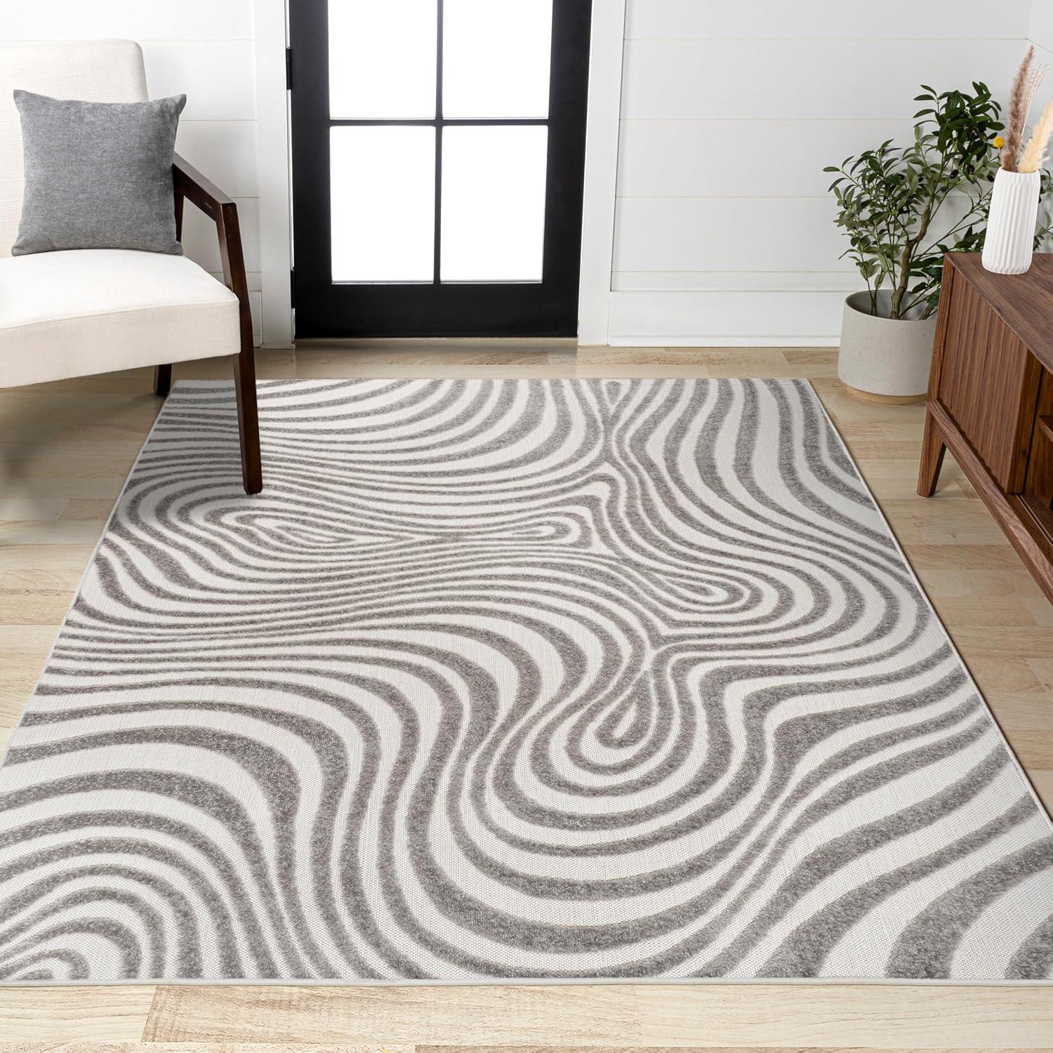 JONATHAN Y Maribo High-Low Abstract Groovy Striped Gray/Ivory 5 ft. x 8 ft. Indoor/Outdoor Area Rug