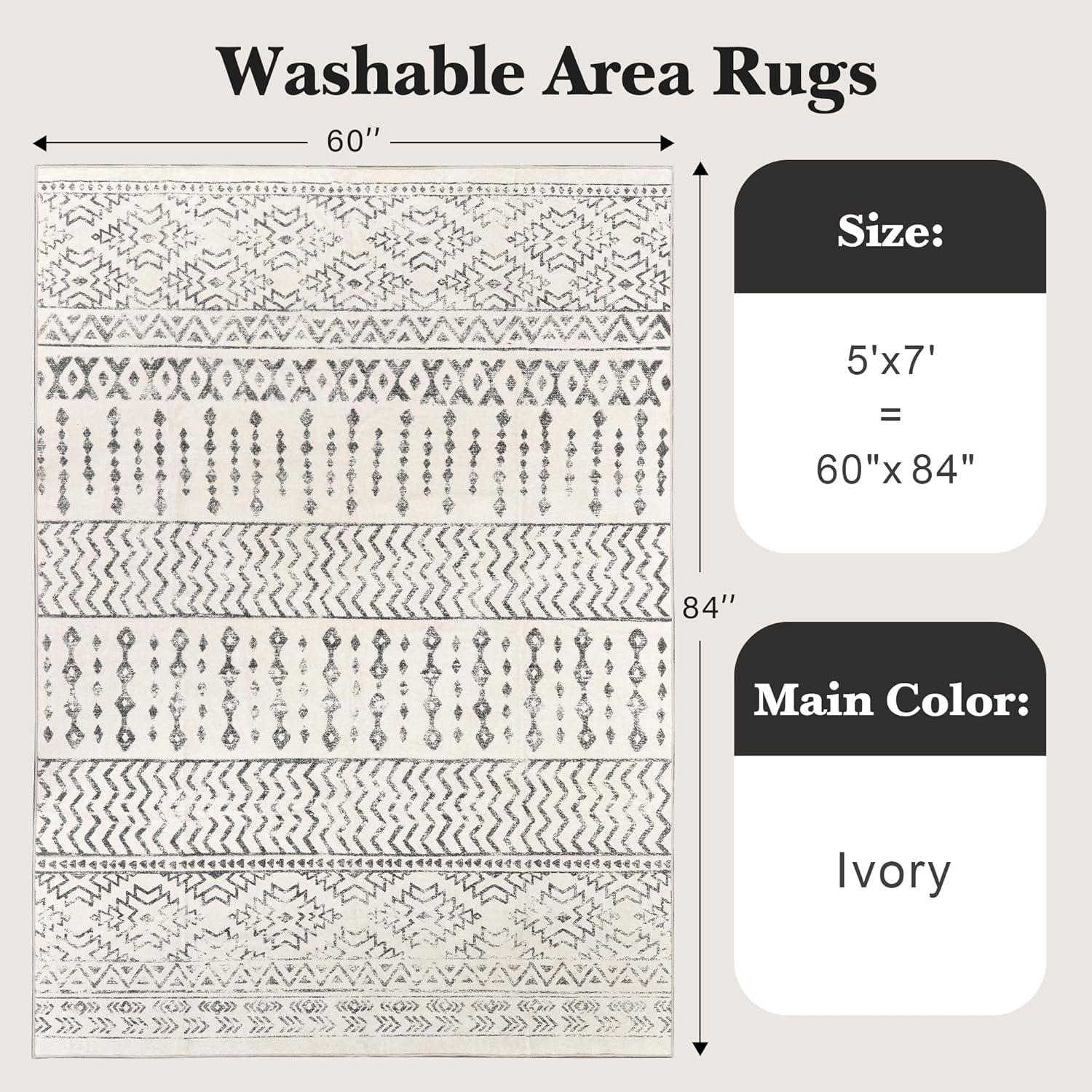 Ivory and Gray Geometric Moroccan Washable Area Rug 5' x 7'