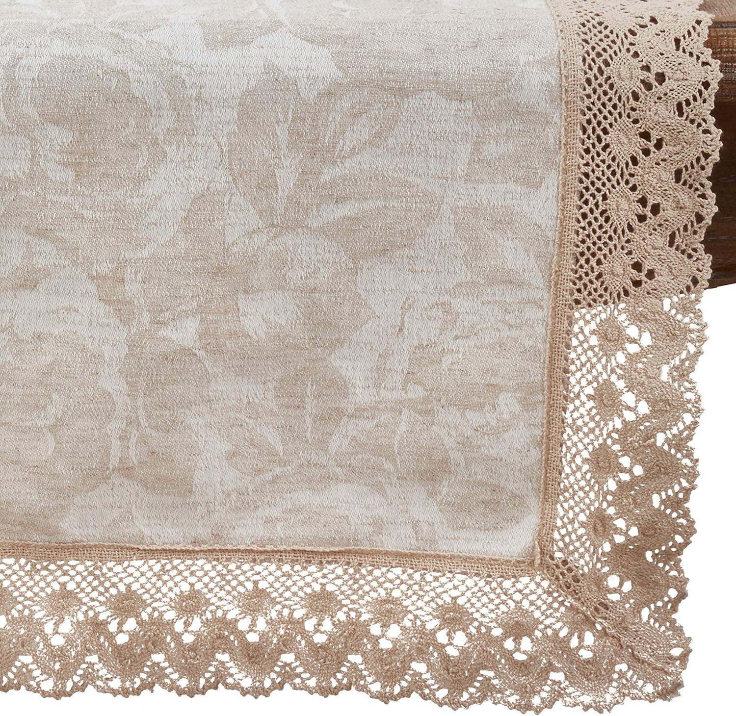 Natural Cotton Linen Jacquard Lace Trim Table Runner 16" x 120"