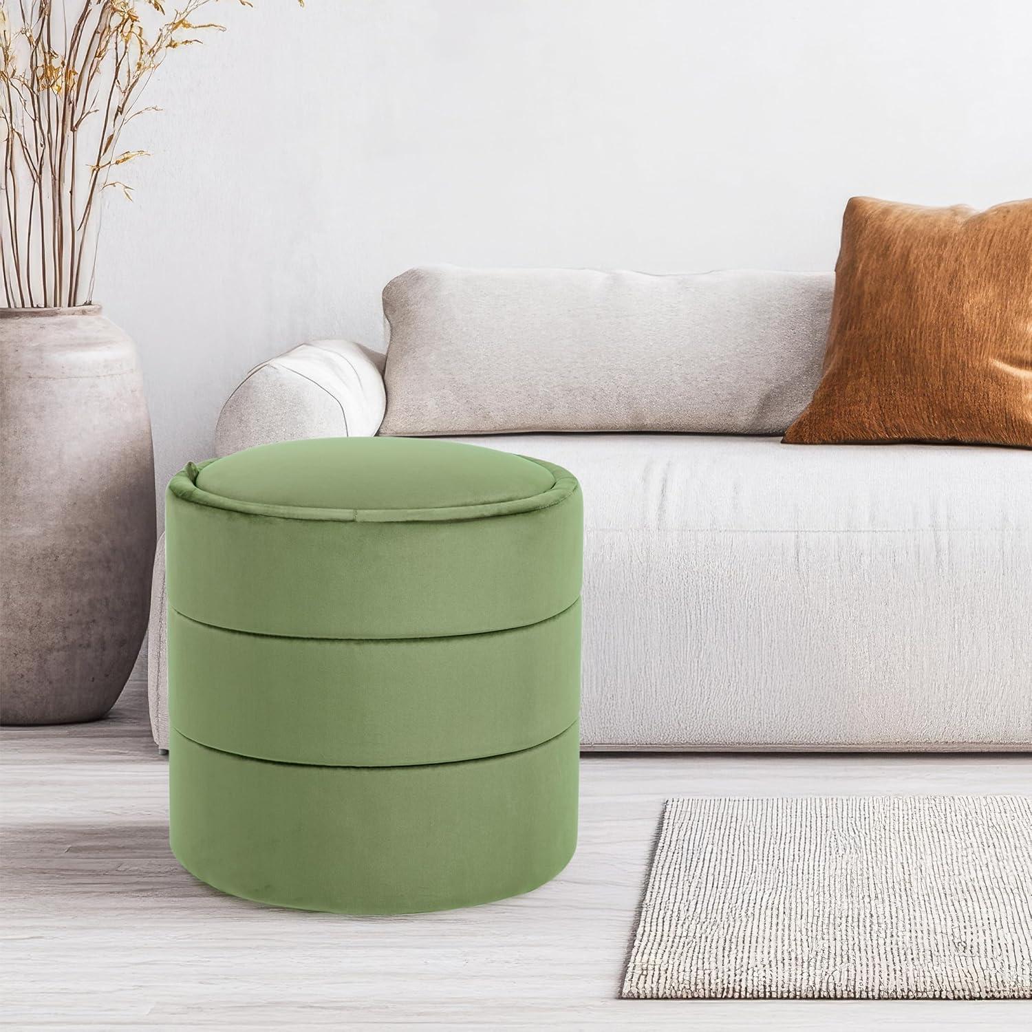 Storage Round Ottoman Green Velvet - HomePop: Upholstered Footstool, No Assembly, Polyester