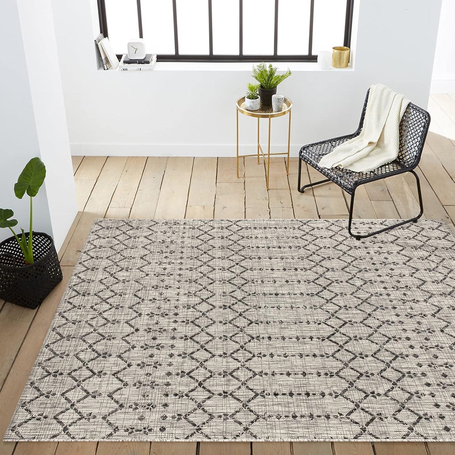 Ourika Moroccan Geometric Textured Weave Indoor/Outdoor Area Rug - JONATHAN Y