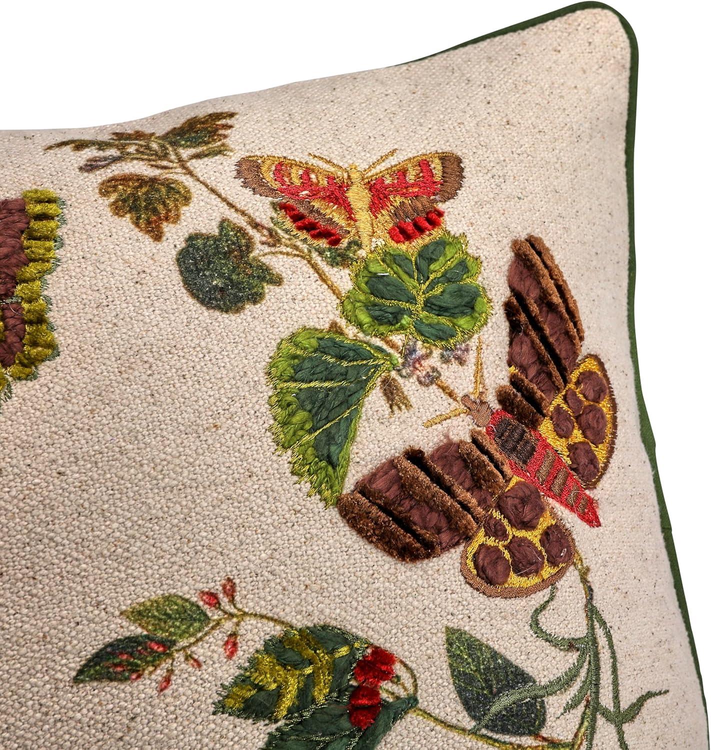 Embroidered Butterfly and Flower Lumbar Pillow with Piping