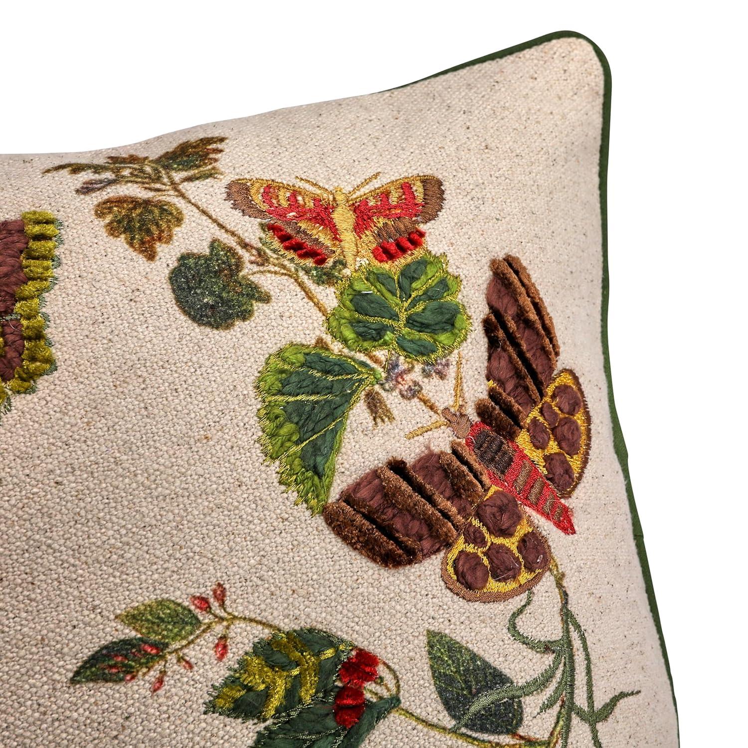 Creative Co-Op Cotton Lumbar Pillow with Butterflies, Flowers, Embroidery, and Piping