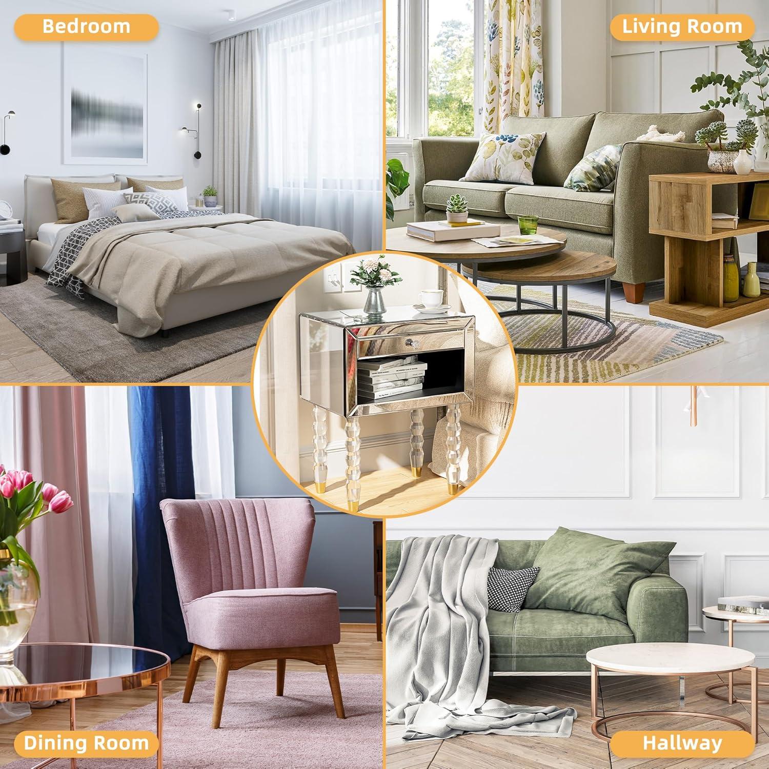 Mirrored Nightstand, Modern End Table with Drawer, Bedside Tables with Acrylic Legs for Bedroom, Living Room, Silver