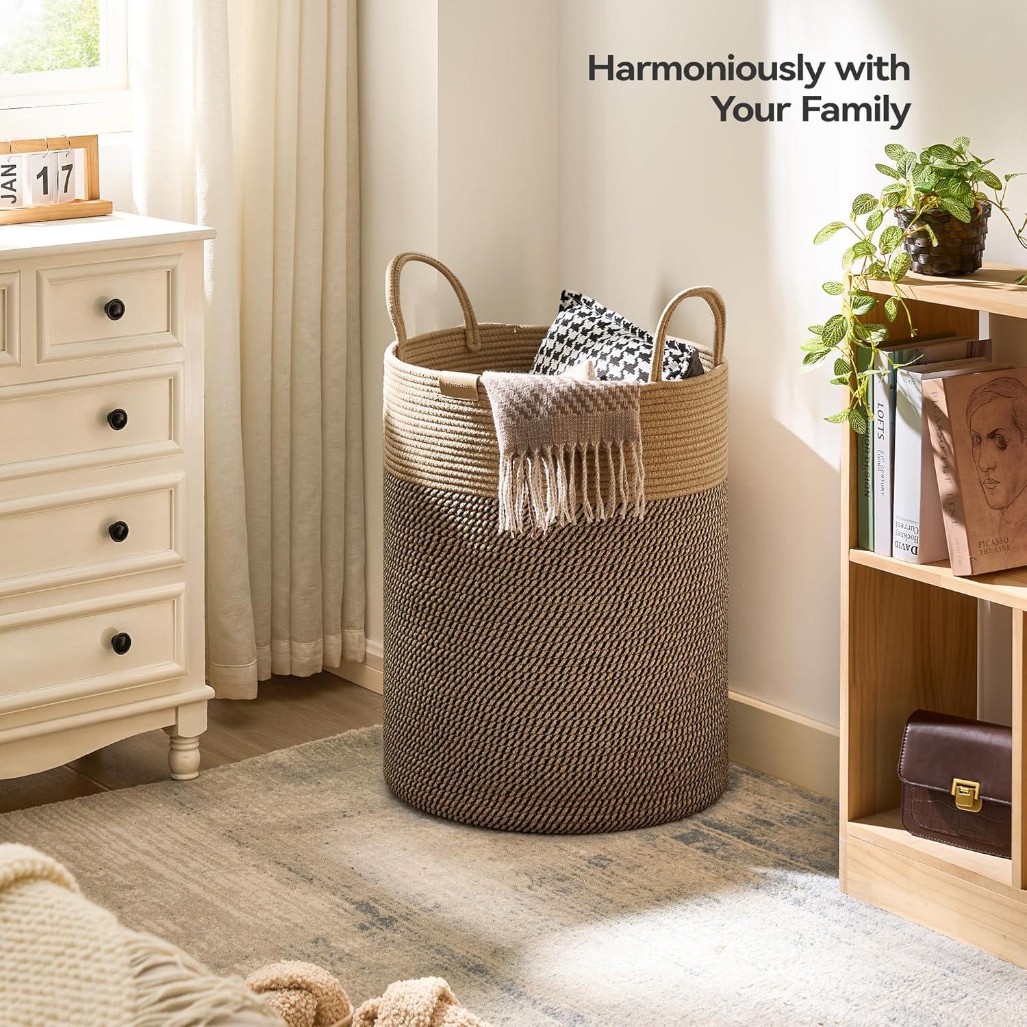 95L Beige and Dark Brown Woven Nursery Laundry Hamper