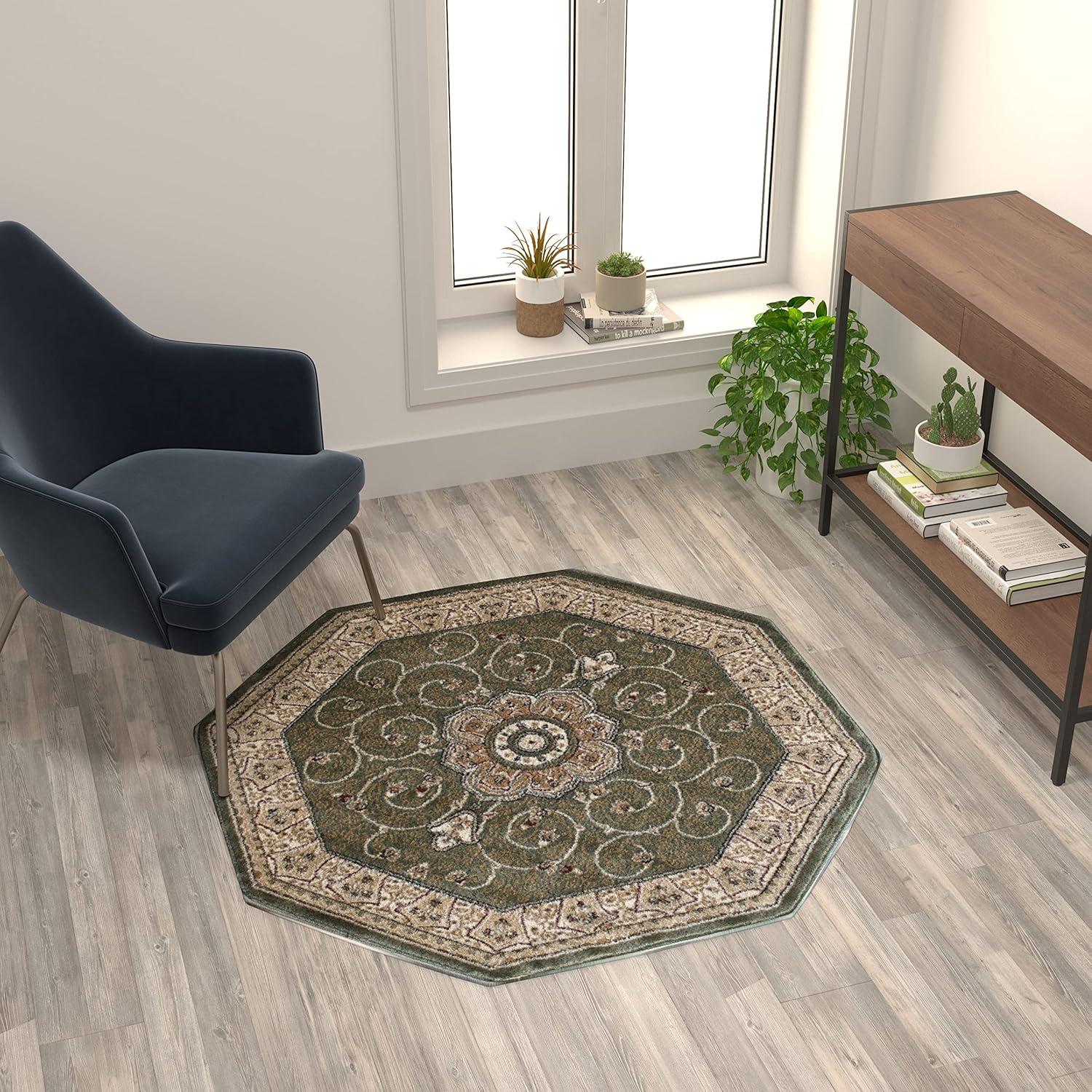 Flash Furniture Portman Collection Octagonal Traditional Beige, Green Area Rug, 4' x 4'