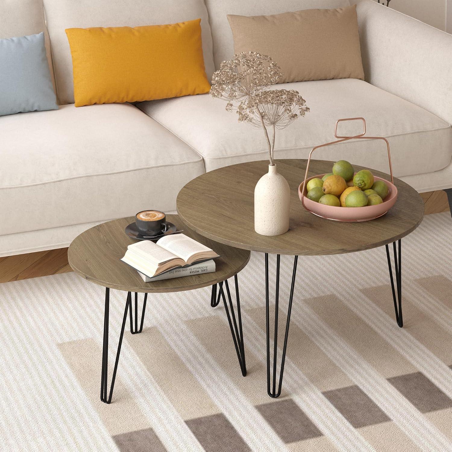Yesfashion 27.56" Nesting Coffee Table Set Of 2, Modern Round Marble Pattern Wooden Side Tables With Metal Frame, Circular Nesting End Table Set For Living Room