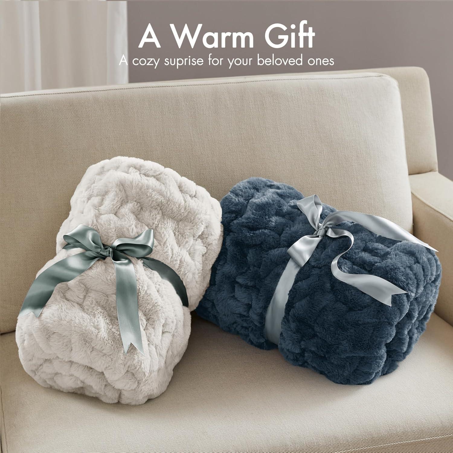 Madison Park Slate Blue Ruched Fur Throw 50x60"