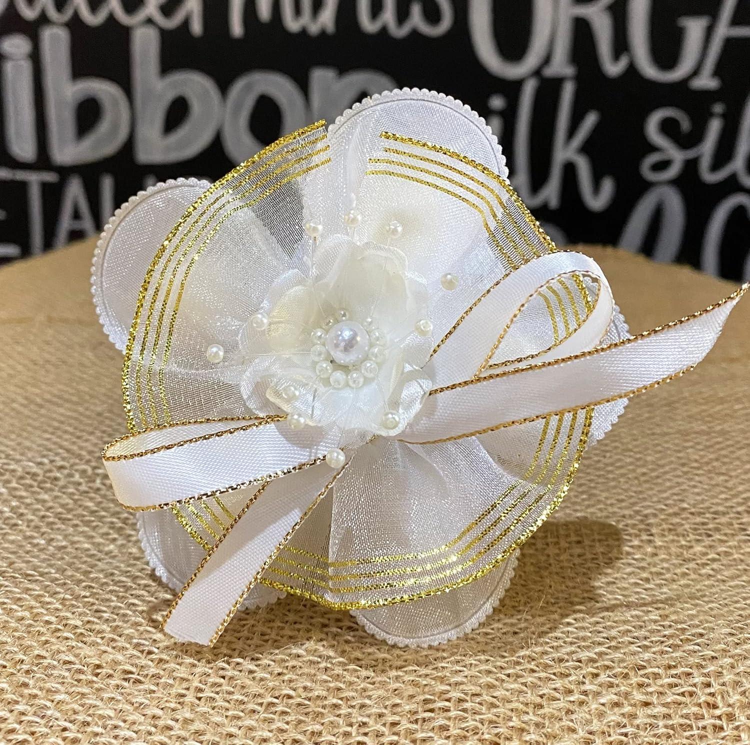 1-1/2" Sheer Organza Ruffle Type Wide String Capia Pull Bow Ribbon 25Yards Gift Wrapping Favor Decorating (White with Gold Edge)