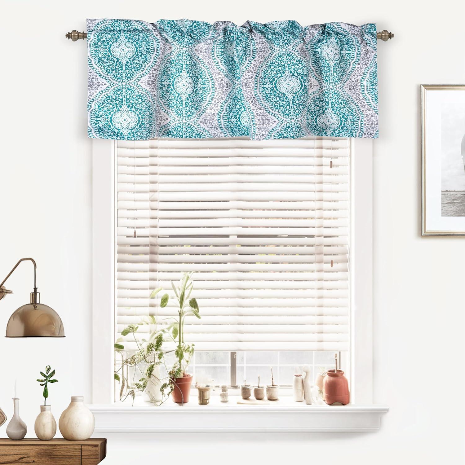 Adrianne Teal Blue Damask Floral Rod Pocket Valance