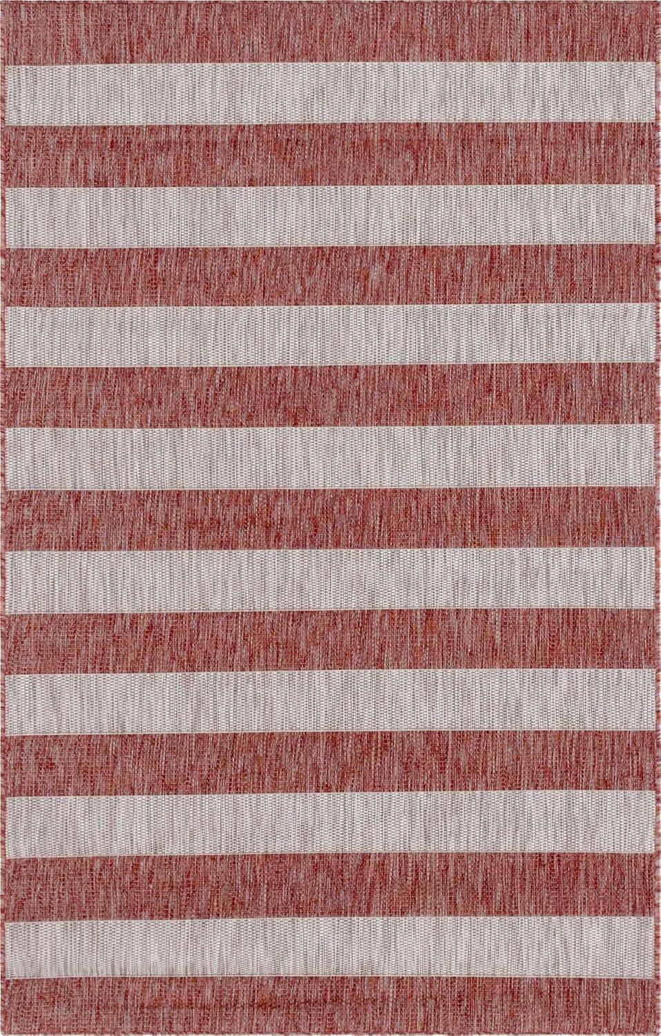 Unique Loom Outdoor Striped Collection Area Rug - Distressed Stripe (5' 1" x 8' Rectangle Rust Red/Gray)