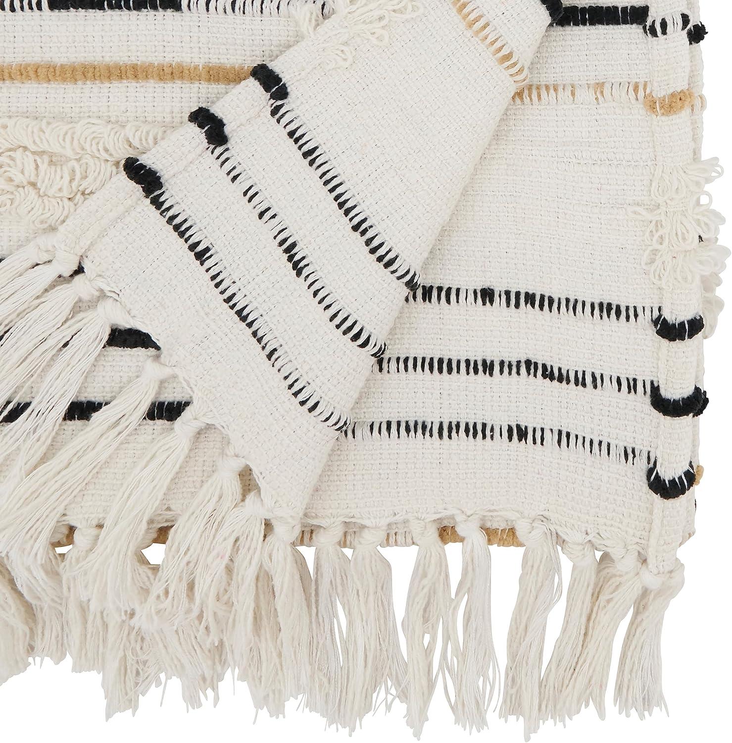 Ivory and Black Cotton Textured Corded Table Runner with Fringe