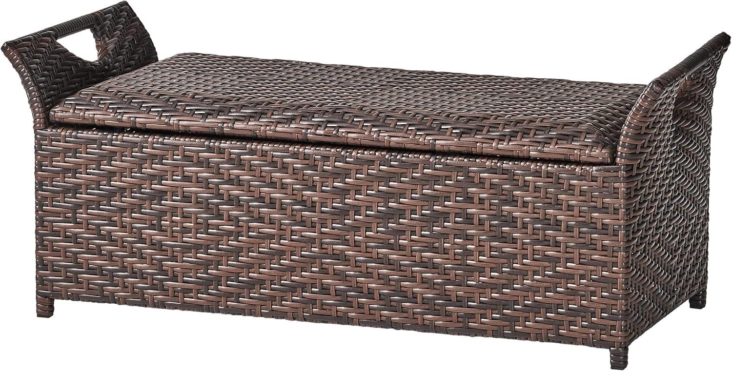Wing Wicker Patio Storage Bench - Multi Brown - Christopher Knight Home: Iron Frame, Water & UV Resistant, Seats 2