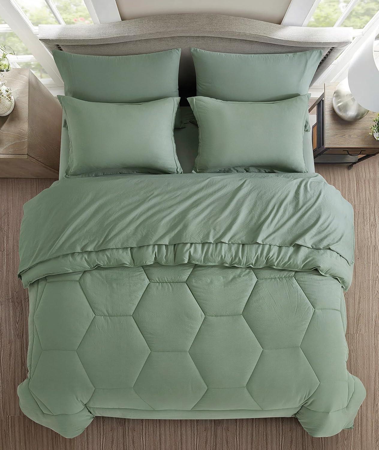 Chezmoi Collection Piper Full Bed in a Bag 7-Pieces Honeycomb Geometric Hexagon Quilted Stone Washed Microfiber Comforter with Sheets Lightweight All Season Bedding Set, Full, Sage Green