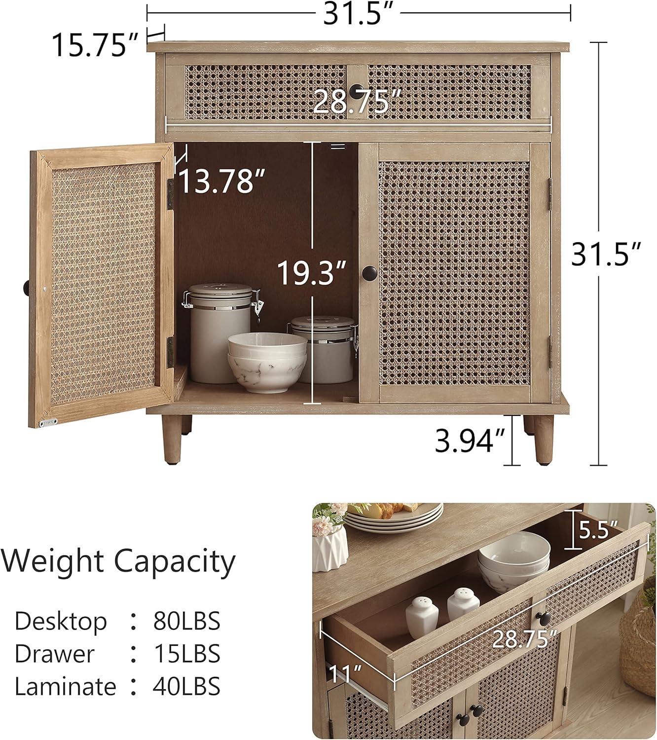 Art Leon Rustic Storage Cabinet with 2-Door&1Drawers Rattan Decoration Wood Finish,Oak Kitchen Console Table,Gray