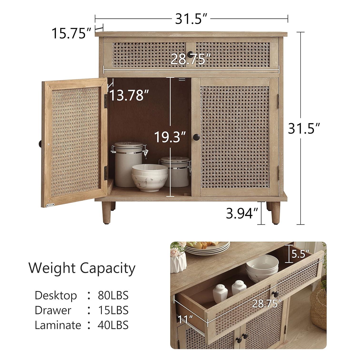 Art Leon Rustic Storage Cabinet with 2-Door&1Drawers Rattan Decoration Wood Finish,Oak Kitchen Console Table,Gray